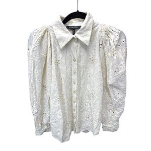 BCBGMAXAZRIA White Eyelet Puff Sleeve Blouse Size 6 Cotton Lined Embroidered